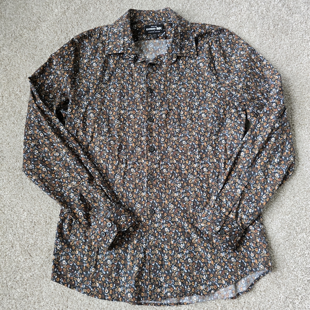 Express Brown Floral Casual Extra Slim Button Down Shirt Sz Large Worn 1x